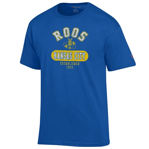 Royal Blue Champion® Tee Roos Athletic Logo Kansas City Est 1933